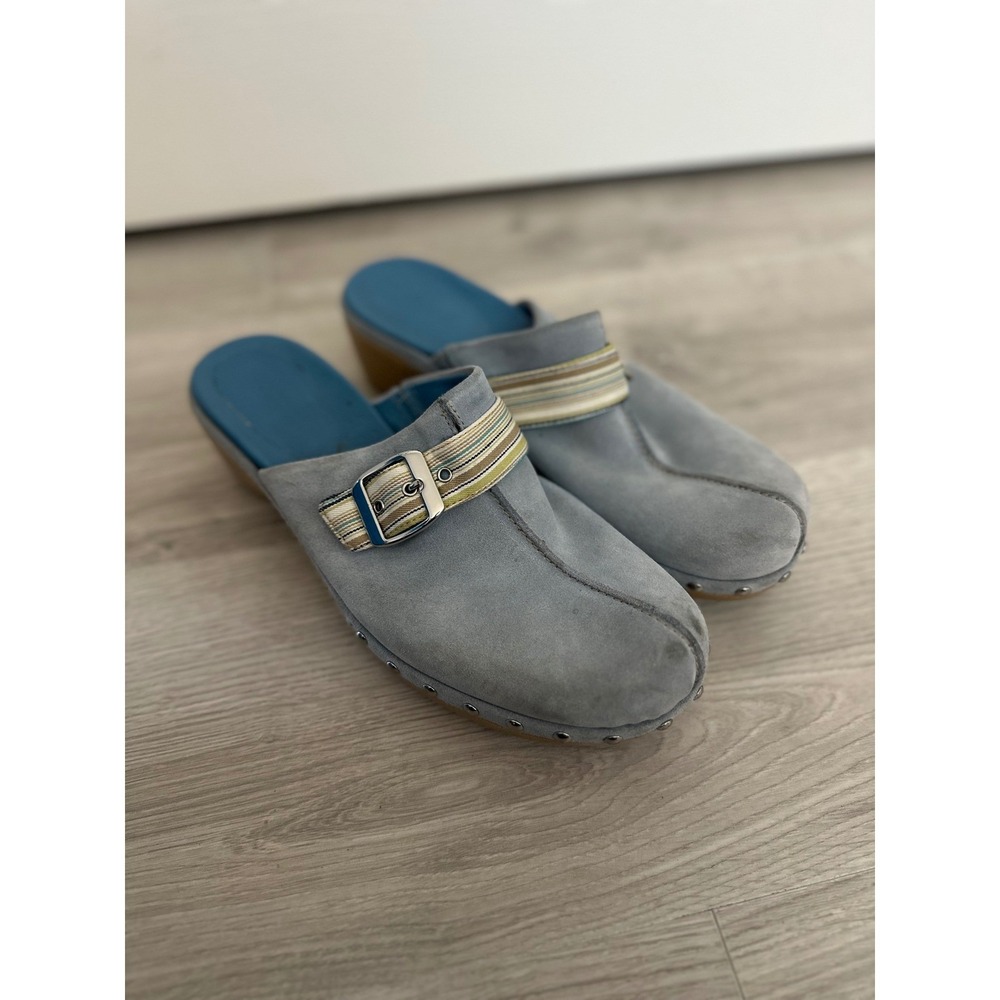 ECCO Suede Leather Clogs Mules Sz 40 Blue Slip On Wedge Heel Comfy Boho Y2K